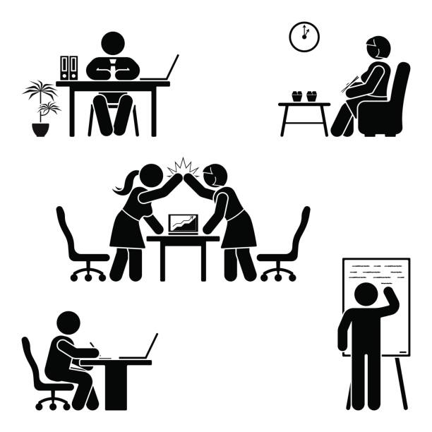 スティック図オフィス セットをポーズします。ビジネス金融職場サポート。作業、座って、商談、会議、トレーニング、ベクトル ピクトグラムを議論します。 - cartoon business meeting training点のイラスト素材／クリップアート素材／マンガ素材／アイコン素材