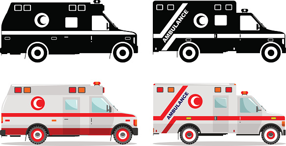 Detailed illustration of colored and black silhouettes muslim car ambulances in a flat style on a white background. Vector illustration.