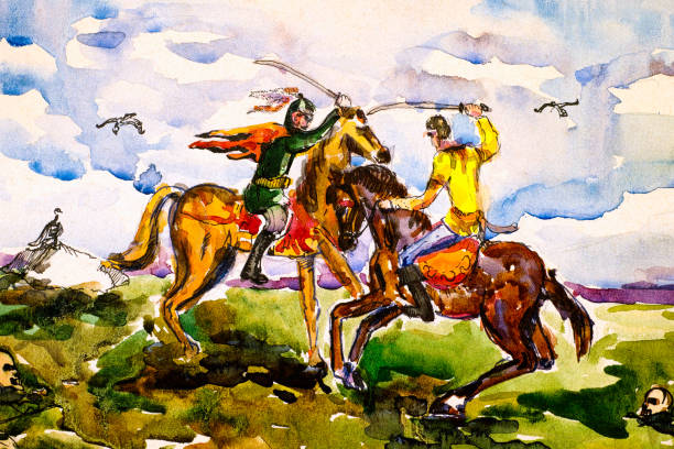 istock Two ancient warriors fighting by sabers on horseback. Watercolor painting. 836300730