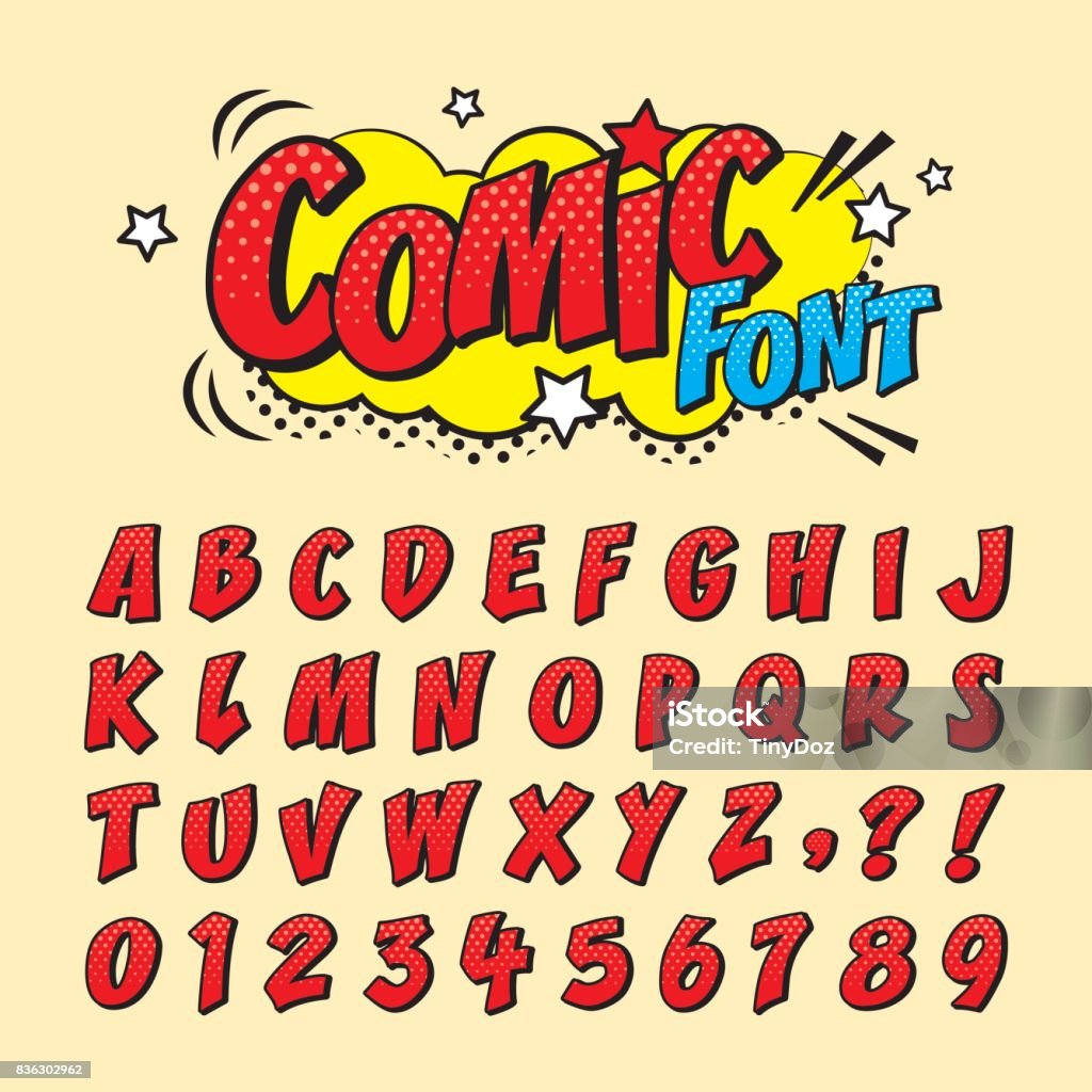 comic font_red Comic retro font set. Alphabet letters & number in style of comics, pop art for title, headline, poster, comics, or banner design. Cartoon typography collection. Cartoon stock vector