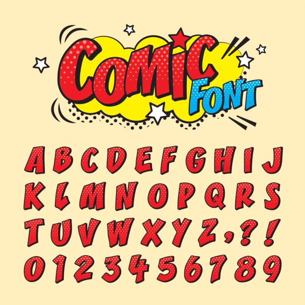 comic font_red Comic retro font set. Alphabet letters & number in style of comics, pop art for title, headline, poster, comics, or banner design. Cartoon typography collection. silly stock illustrations