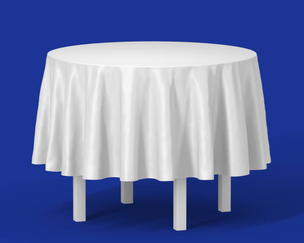白い円形の長いテーブル クロスをかけたテーブルを分離。青暗で設定します。3 d イラスト、テンプレート btl 下ライン。3 d イラストレーション - plate blue dishware white ストックフォトと画像
