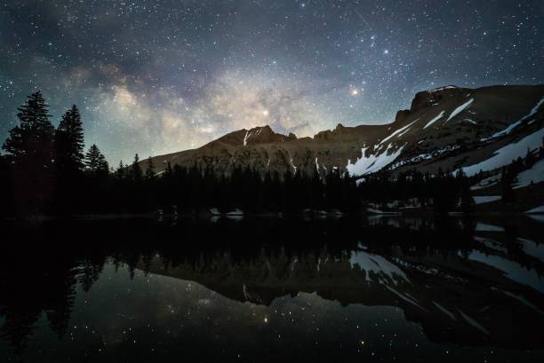 Milky Way reflected in mountain lake Stars reflecting in lake at 10,000 feet in Great Basin National Park, Nevada great basin national park stock pictures, royalty-free photos & images