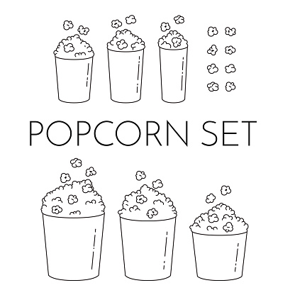 Set of cups with popcorn and kernels flying into the bucket. Different sizes of popcorn boxes isolated on white background. Modern line art style. Black and white vector illustration. Outline elements