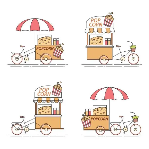 Vector illustration of Set of pop corn bicycles. Cart on wheels. Food kiosk . Vector illustration. Flat line art.