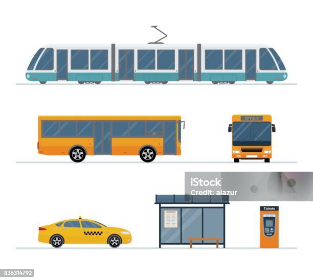 Set Stadsbus Taxi Tram En Bushalte Geïsoleerd Op Een Witte Achtergrond Stockvectorkunst en meer beelden van Bus