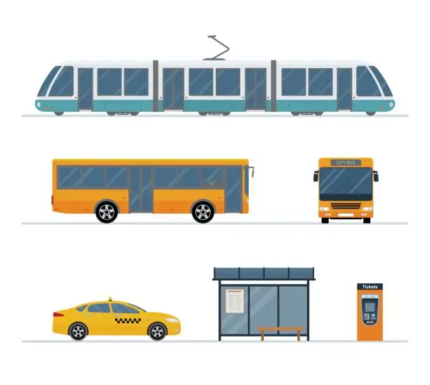 Vector illustration of Set of city bus, taxi, tram and bus stop isolated on white background.