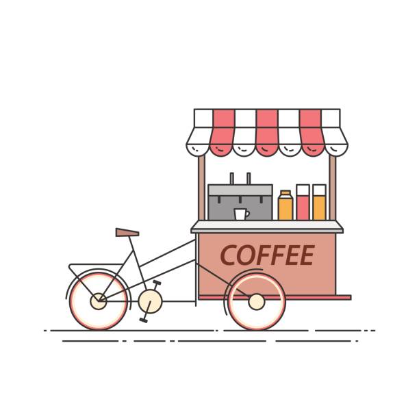 istock Coffee bicycle. Cart on wheels. Food and drink kiosk . Vector illustration. Flat line art. 836314930