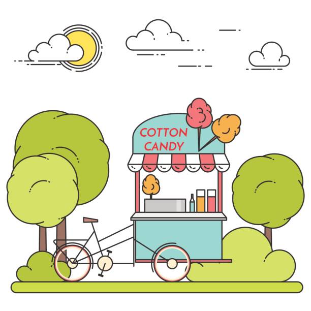 stockillustraties, clipart, cartoons en iconen met stad landschap met suikerspin fiets in central park in de zomer. vectorillustratie. lijntekeningen. - central heating