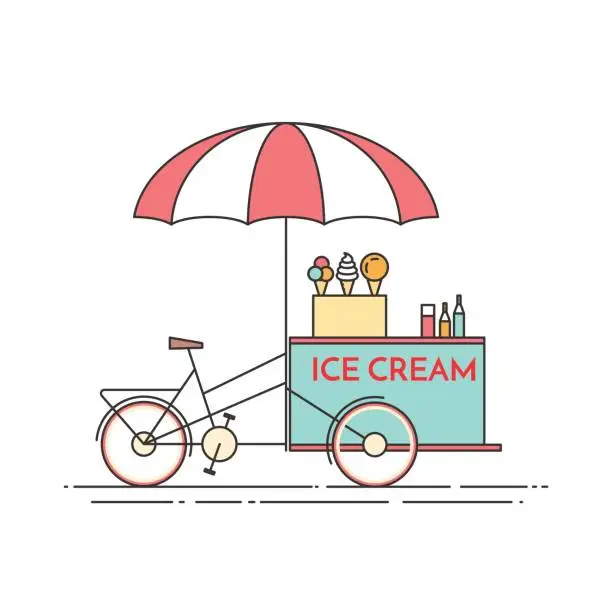 Vector illustration of Ice cream bicycle. Cart on wheels. Food and drink kiosk . Vector illustration. Flat line art.