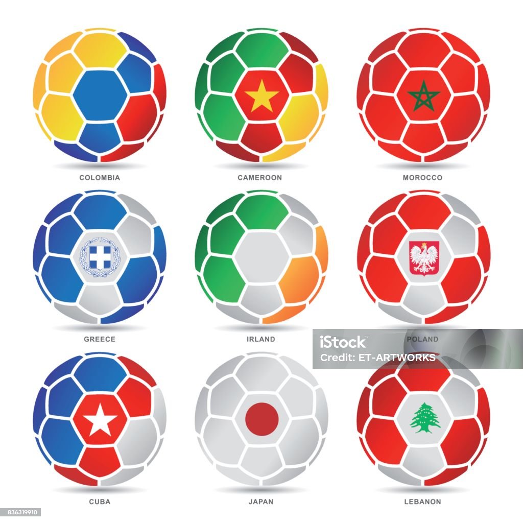Flags of world on soccer balls Flags of world on soccer balls. Eps10 vector illustration with layers (removeable). EPS and high resolution jpeg file included (300dpi). International Soccer Event stock vector
