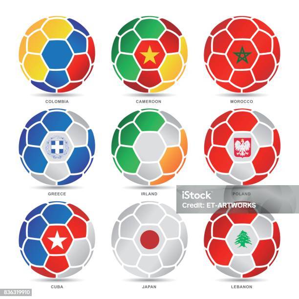 Flags Of World On Soccer Balls Stock Illustration - Download Image Now - International Soccer Event, USA, Morocco