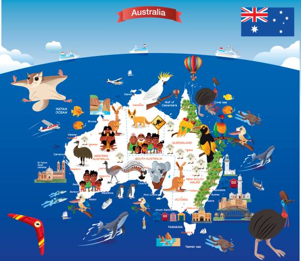 illustrazioni stock, clip art, cartoni animati e icone di tendenza di mappa dei cartoni animati dell'australia - koala australia sydney australia animal