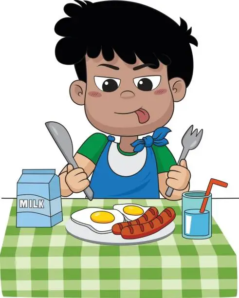 Vector illustration of The child eats breakfast that can affect the growth of children ivery much.