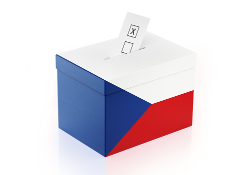 Ballot box textured with Czechoslovakian flag. Isolated on white background. A vote envelope is entering into the ballot box. Horizontal composition with copy space. Great use for referendum and presidential elections related concepts. Clipping path is included.