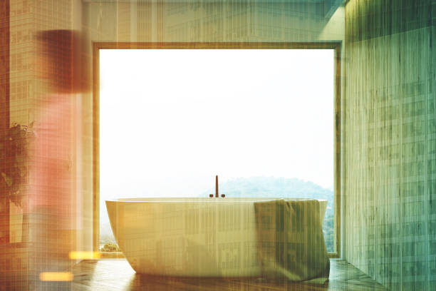 istock Big window wooden bathroom interior, girl 836333248