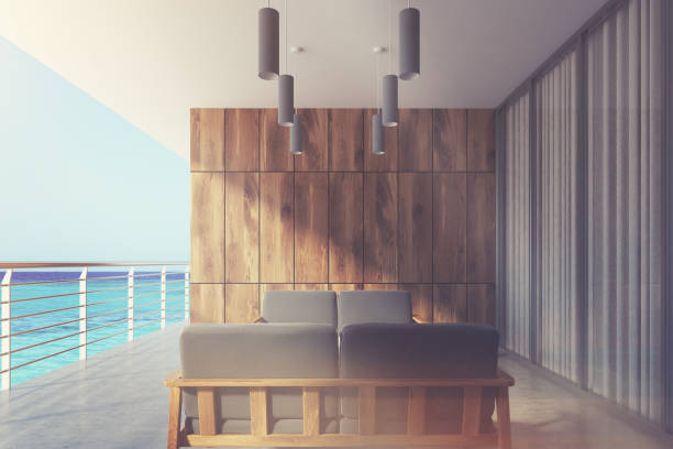 istock Wooden balcony with a panoramic window, gray toned 836336604