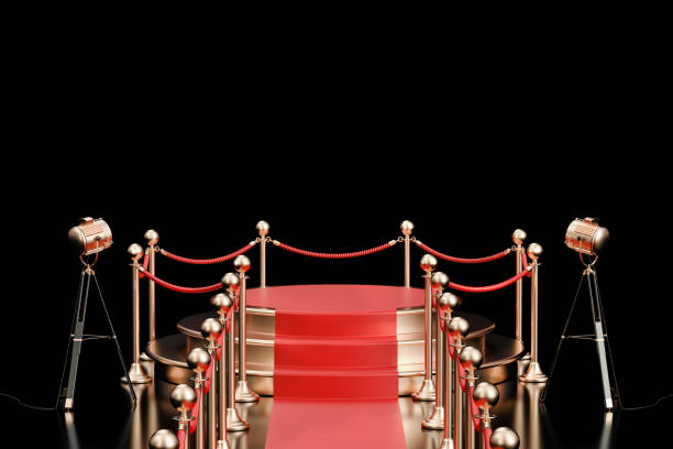 istock Empty podium with red carpet and barrier rope, 3D rendering isolated on black background 836340028