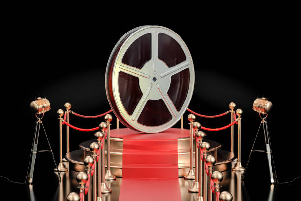istock Podium with film reel, presentation concept. 3D rendering isolated on black background 836340094