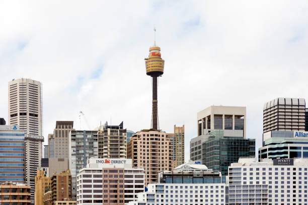 Sydney, Australia - August 20, 2017: View from light house in Darling Harbour to the Sydney city with Centrepoint Tower and high rise office buildings.