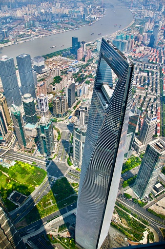 View of Shanghai World Financial Center from the top of Shanghai Tower