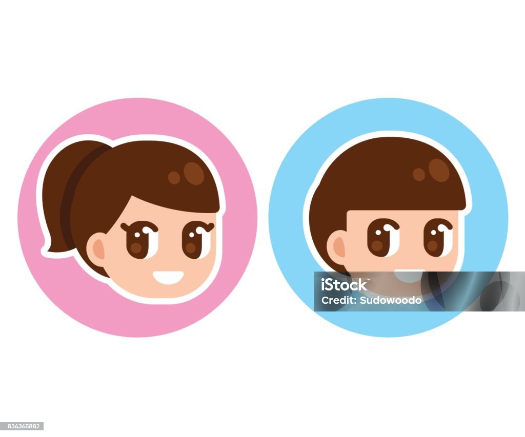 Cute anime children Cute anime children face in circle, boy and girl character set. Manga style cartoon illustration. Gender selection for game or website. Art stock vector