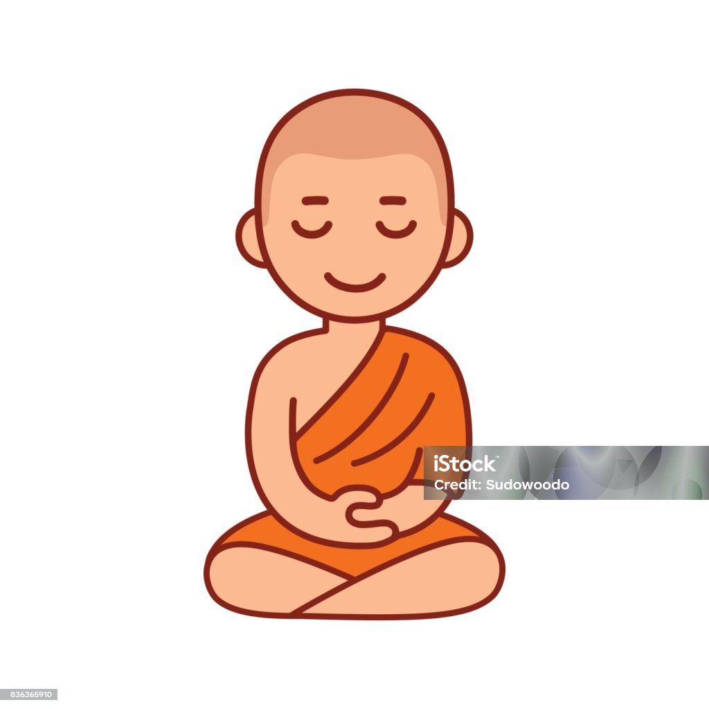 Buddhist monk meditating Buddhist monk in orange robes sitting in meditation. Cute cartoon tibetan monk meditating vector illustration. Buddhism stock vector