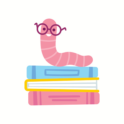 Cute cartoon Bookworm with glasses on stack of books. Simple vector clip art illustration.