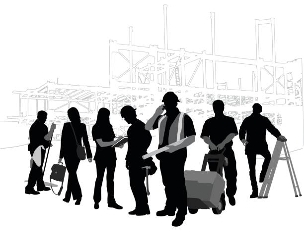 Construction Crew Silhouette crowd of workers doing a variety of jobs and professions related to the construction industry construction workers stock illustrations