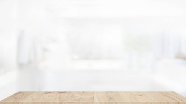 istock Empty top wood table for product display montage with blurred bathroom interior Bckground.