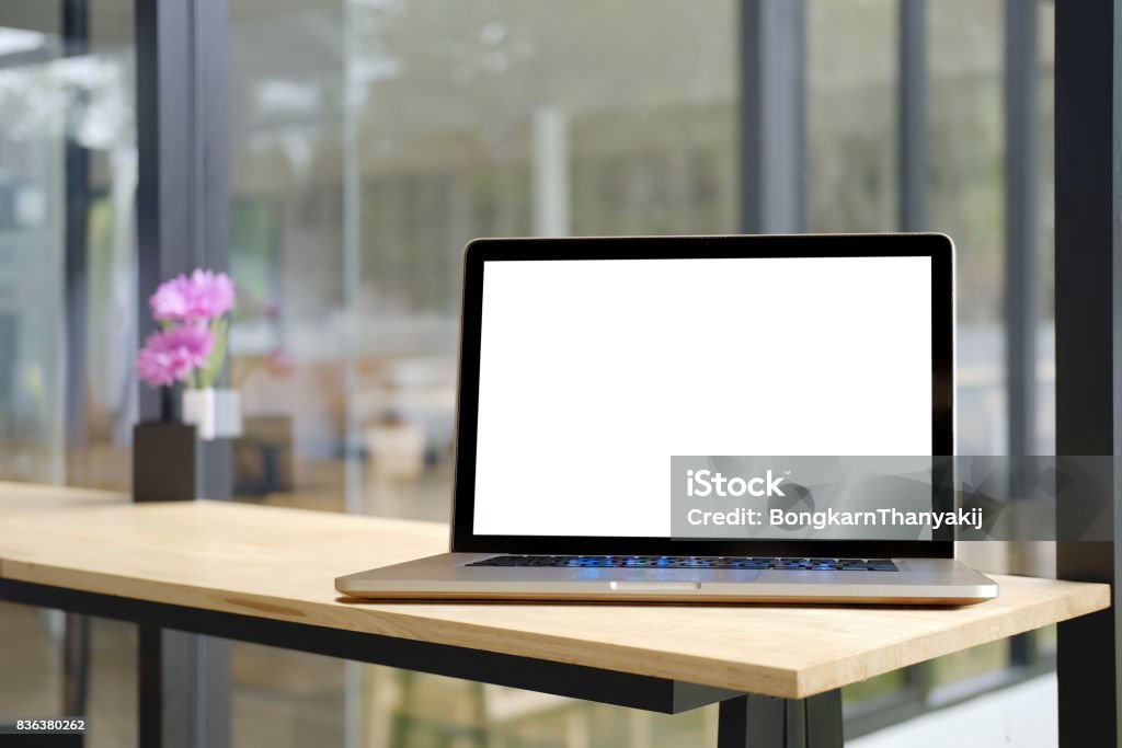 Mock up : Computer display for mockup in office interior. Laptop Stock Photo