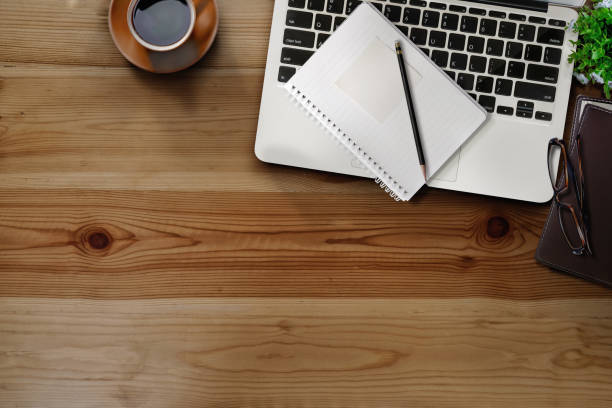 istock Mock up : Wood rustic work space desk table with laptop computer and supplies. 836380480