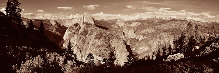 Yosemite mountain ridge with waterfall.