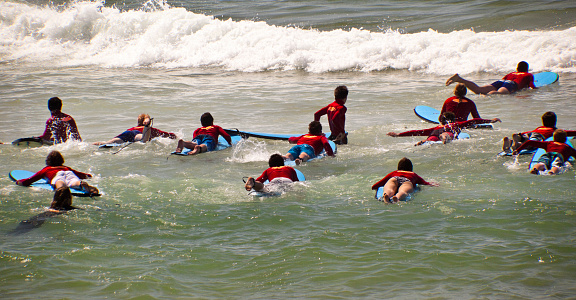 Gold Coast  Surfers Paradise  Australia - Sept. 09 2012 : Unidentified surf students in  Surfers Paradise taking the first lessons to become good surfers.  There are many surfing school in Australia to teach visitors the basic surfing techniques.