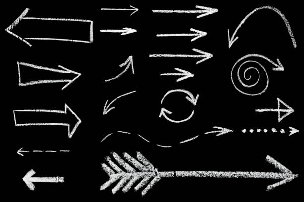 set of hand drawn chalk arrows isolated on black background