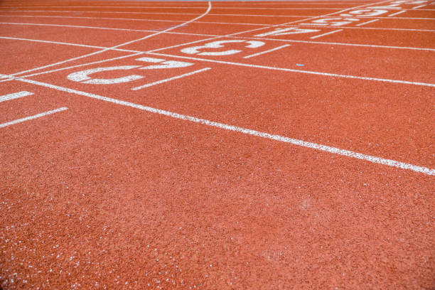 istock Starting point with running track lane Numbers 836394454