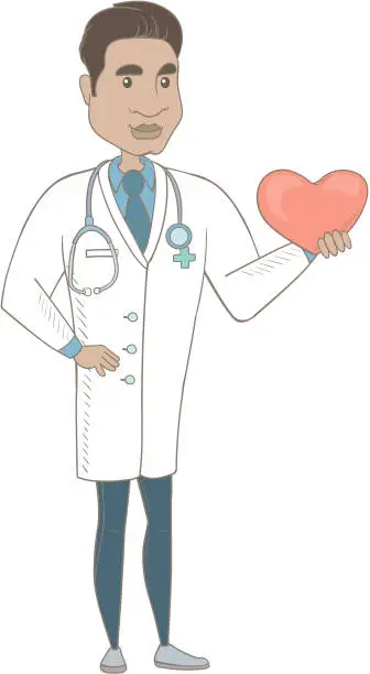 Vector illustration of Hispanic cardiologist holding a big red heart