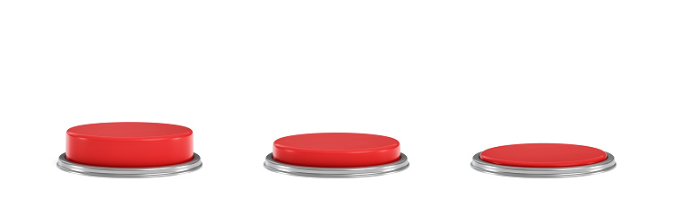 3d rendering of a set of three red round buttons in different stages of being pushed down. Machine controls. Red switch. Security button.