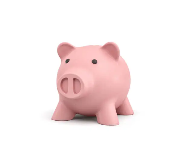 Photo of 3d rendering of a pink ceramic piggy bank isolated on white background