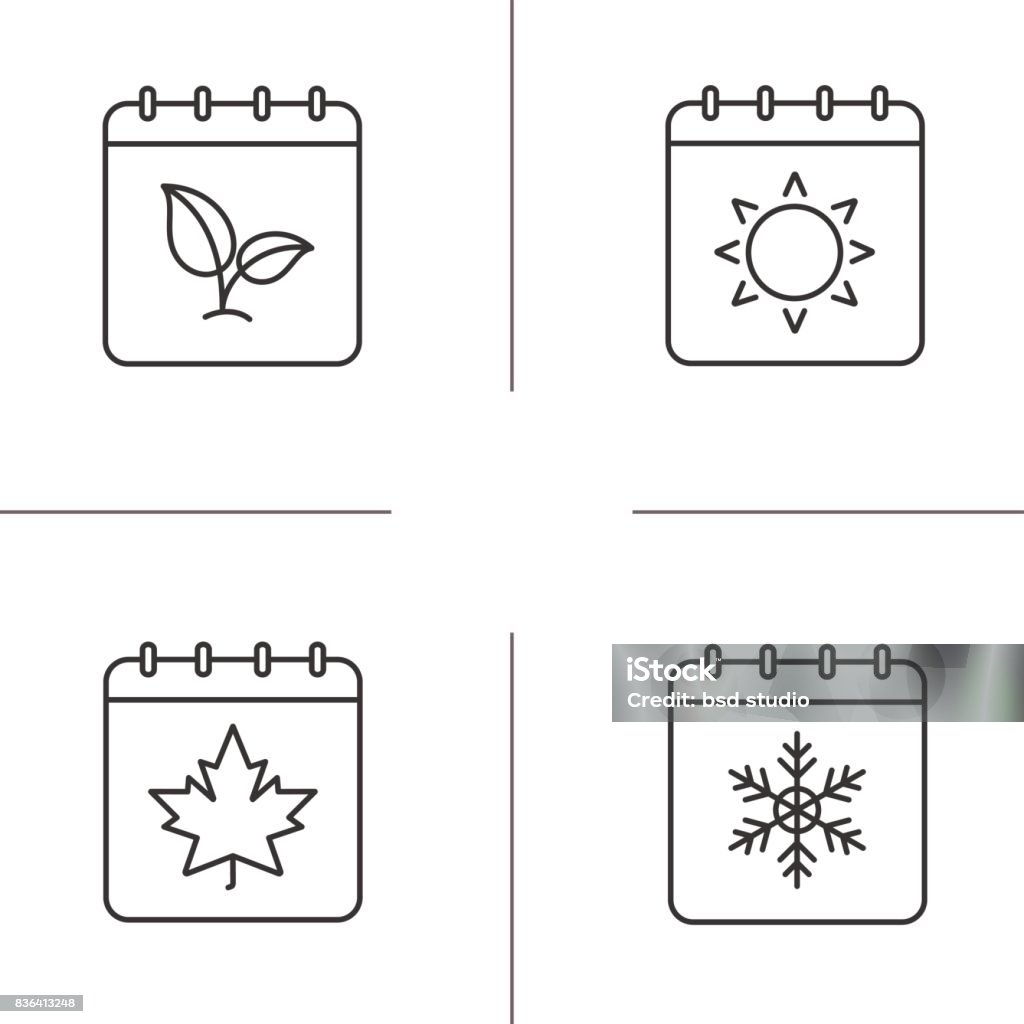 Seasons calendars icons Seasons calendar linear vector icons. Thin line. Calendars with maple leaf, plant, sun and snowflake Season stock vector