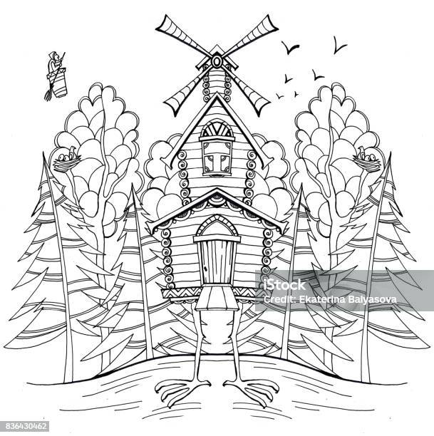 Symmetrical Illustration Of A Coloring A Hut On Chicken Legs Stock Illustration - Download Image Now