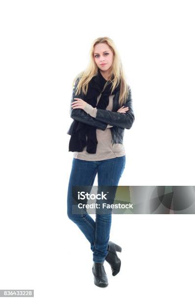 Portrait Of A Blonde Model Wearing Leather Jacket And Casual Clothes Stock Photo - Download Image Now