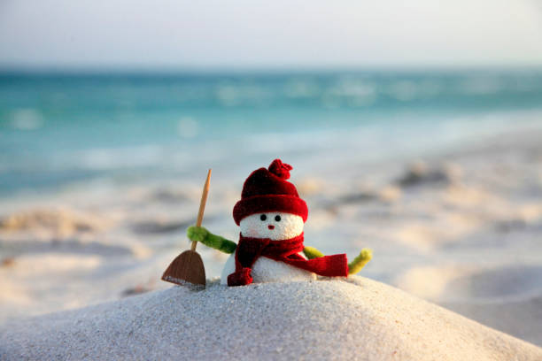 Toy of the snowman on beach background stock photo