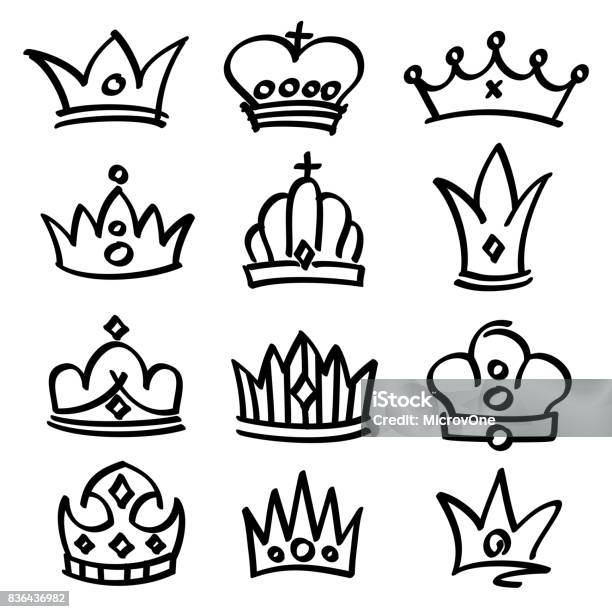 Vector Hand Drawn Princess Crowns Sketch Doodle Royalty Symbols Stock Illustration - Download Image Now