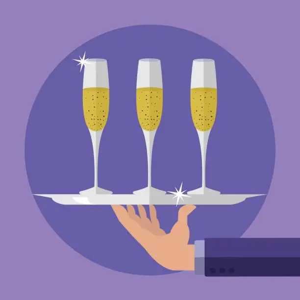 Vector illustration of Waiter holding a serving tray with champagne flute glasses vector illustration