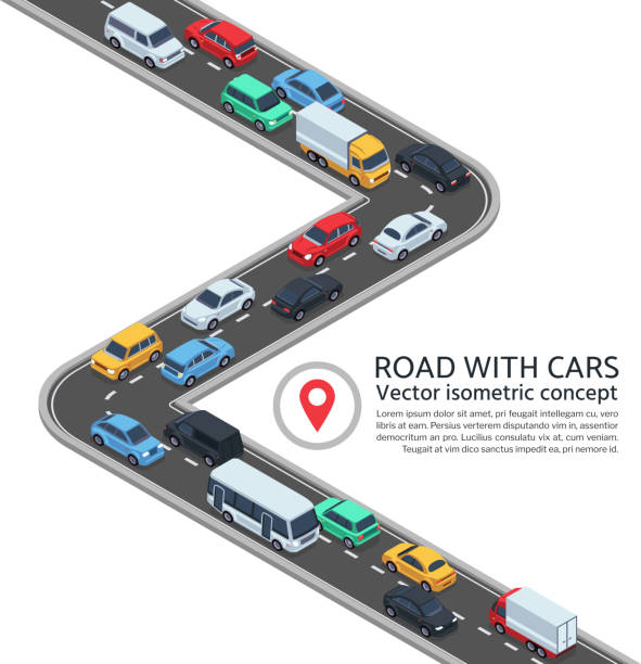 ilustraciones, imágenes clip art, dibujos animados e iconos de stock de calle isométrica con los coches. carretera y vehículos 3d vector concepto - tráfico