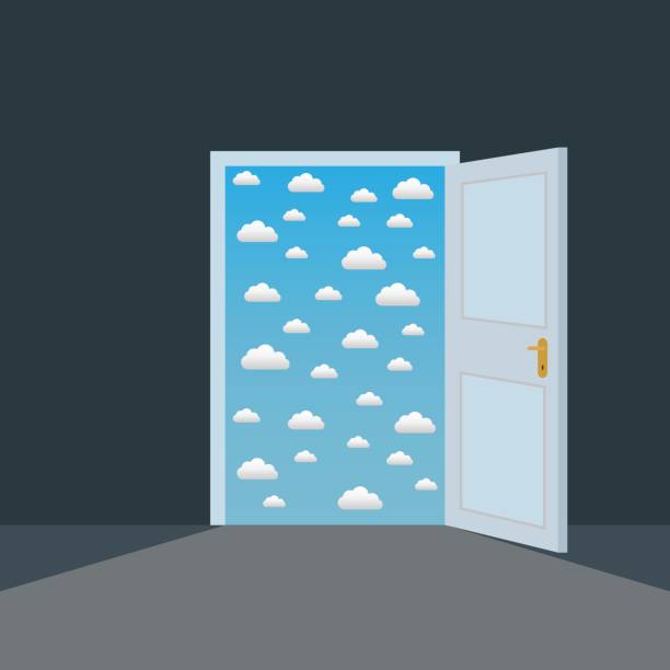 ilustraciones, imágenes clip art, dibujos animados e iconos de stock de puerta abierta en un cuarto oscuro para el concepto de vector de oportunidad de las nubes - opportunity door new cloud