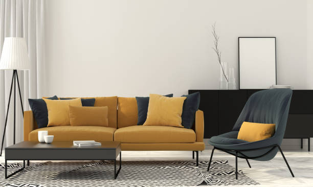 stilvolles wohnzimmer mit einem gelben sofa - living room blue sofa carpet stock-fotos und bilder