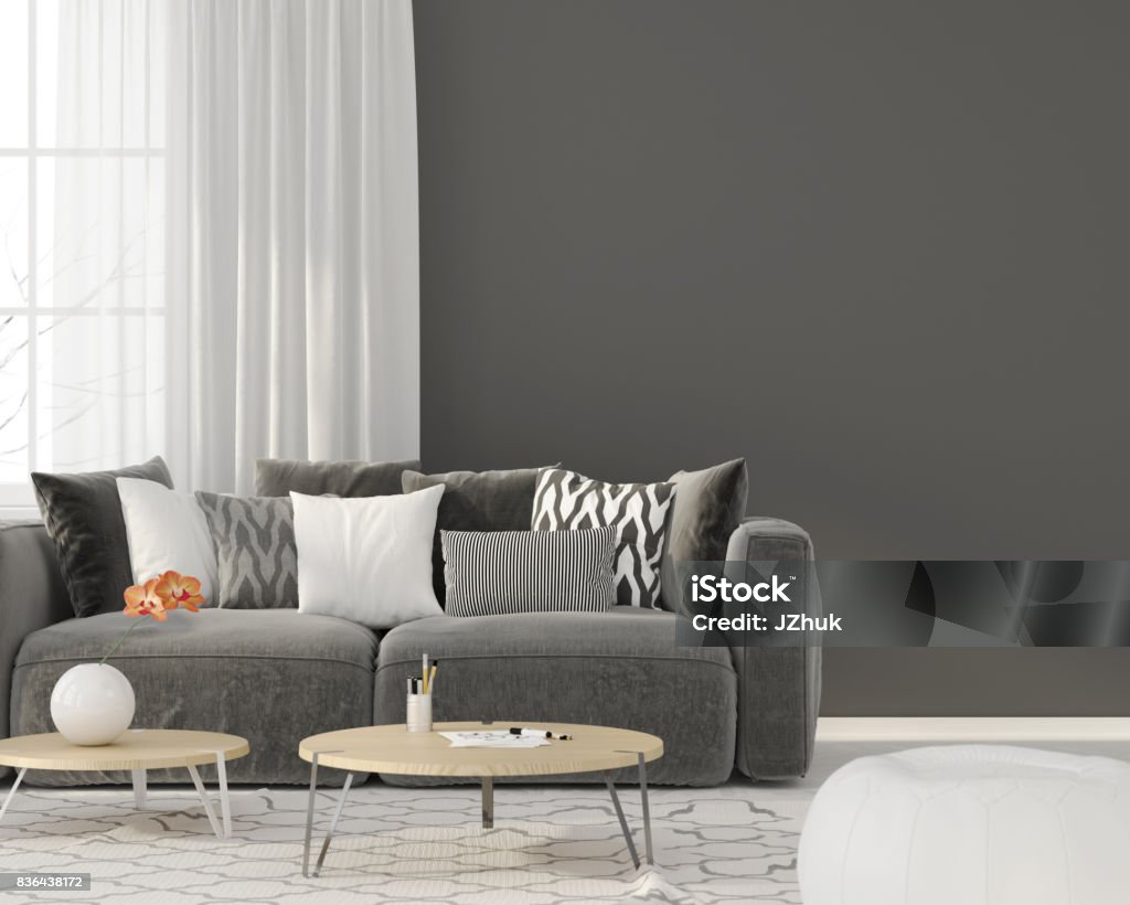 Living room with a gray sofa 3D illustration. Modern interior of the living room with a gray sofa Living Room Stock Photo