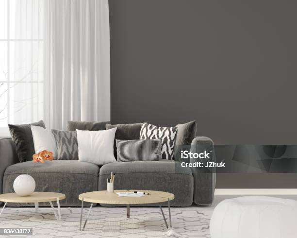 Living Room With A Gray Sofa Stock Photo - Download Image Now - Living Room, Gray Color, Modern